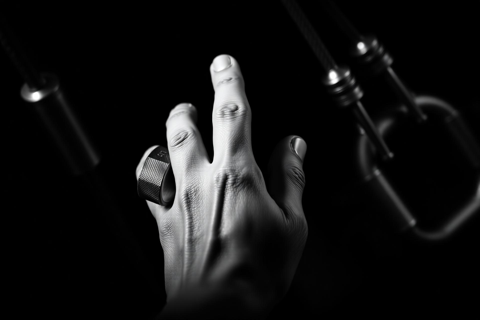 Hand wearing a precision finger weight
